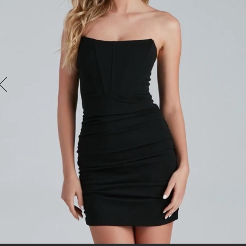 Black strapless mini dress
